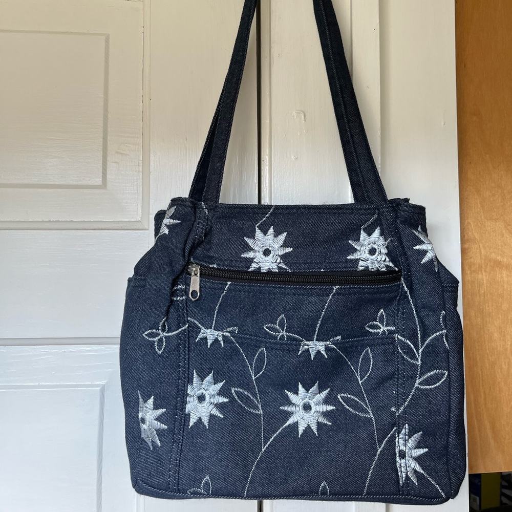 Blue Embroidered Floral Purse